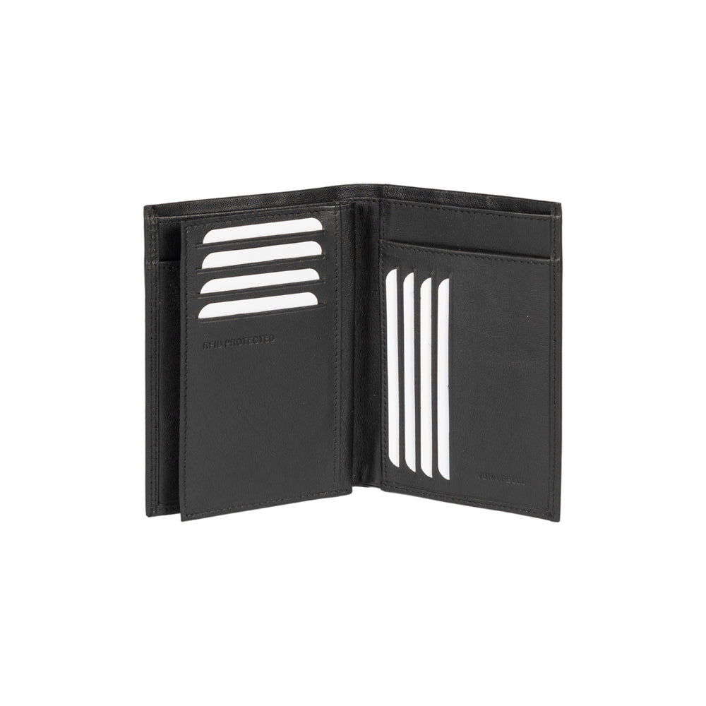 RB12009A | Portafogli Tasconcino Uomo risvoltato in Vera Pelle pieno fiore, con leggera grana. Colore Nero. Protezione RFID. Dimensioni da chiuso: cm 9,5 x 13 x 2. Confezione: Scatola regalo fondo/coperchio