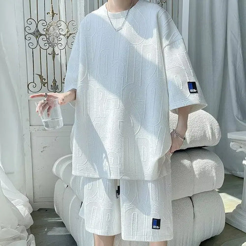 2025 3D Men's new Waffle TZ30 Summer Suit Casual T-shirt + Shorts