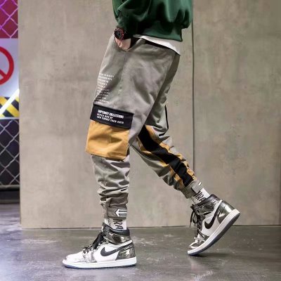 Men Hip Hop Black Cargo Pants joggers Sweatpants Multi-pocket Ribbons men's sports pants streetwear casual men's casual pants