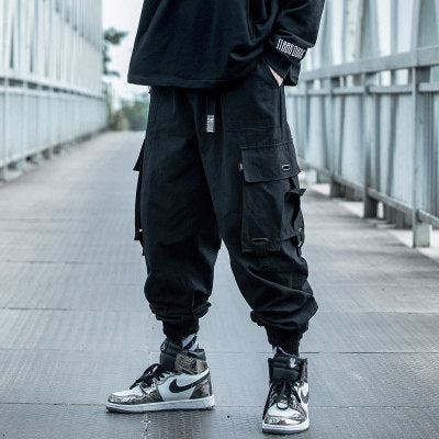 Men Hip Hop Black Cargo Pants joggers Sweatpants Multi-pocket Ribbons men's sports pants streetwear casual men's casual pants