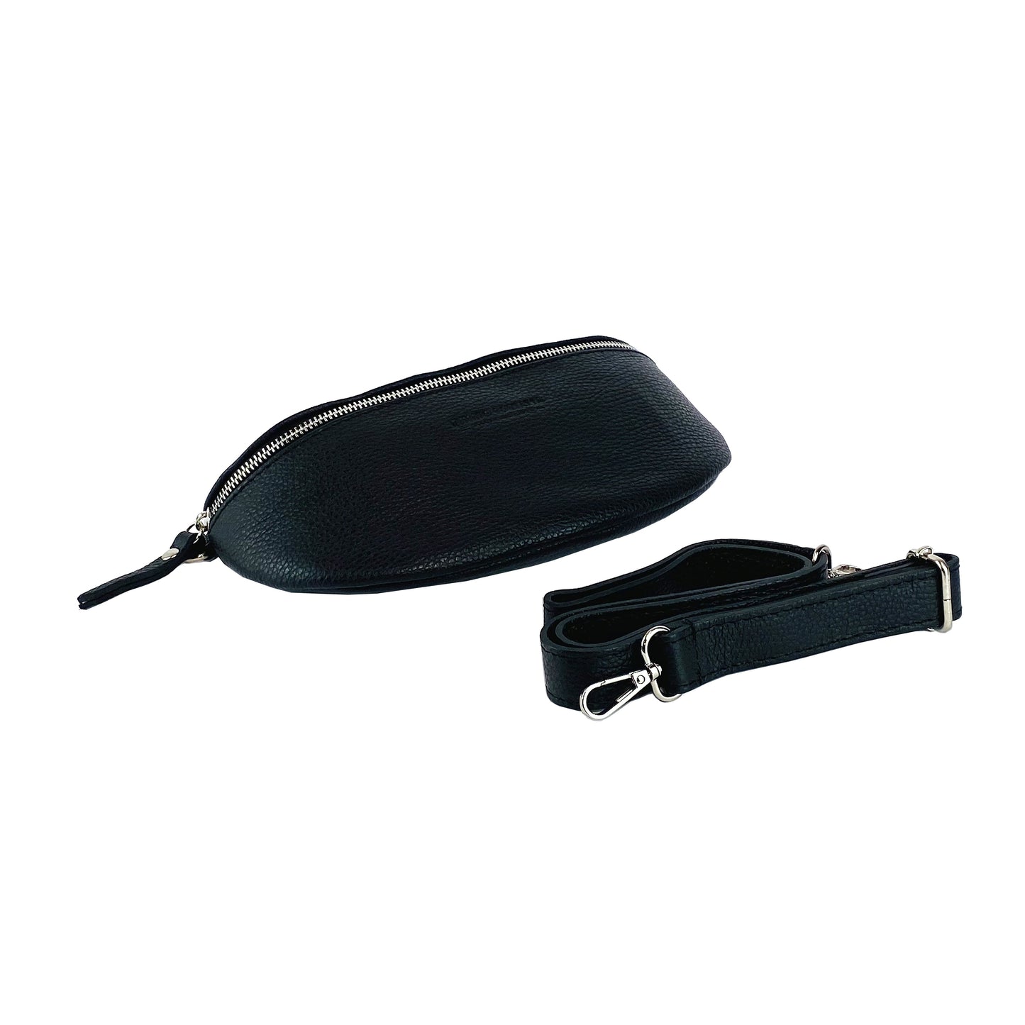 RB1015A | Genuine Leather Bum Bag with Removable Shoulder Strap Made in Italy. Polished Nickel Metal Snap Hook Attachments. Black Color. Dimensions: 24 x 14 x 7 cm.