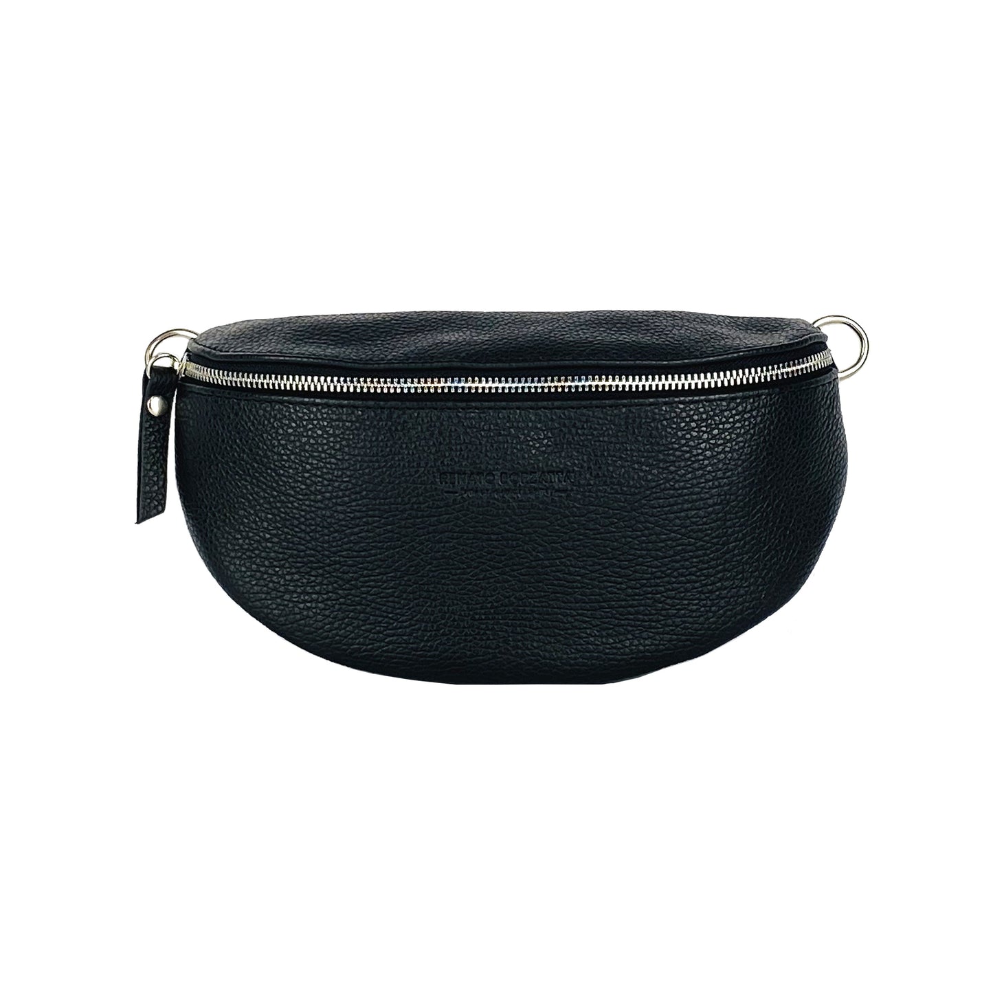 RB1015A | Genuine Leather Bum Bag with Removable Shoulder Strap Made in Italy. Polished Nickel Metal Snap Hook Attachments. Black Color. Dimensions: 24 x 14 x 7 cm.