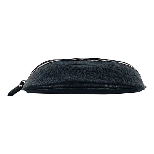 RB1015A | Genuine Leather Bum Bag with Removable Shoulder Strap Made in Italy. Polished Nickel Metal Snap Hook Attachments. Black Color. Dimensions: 24 x 14 x 7 cm.