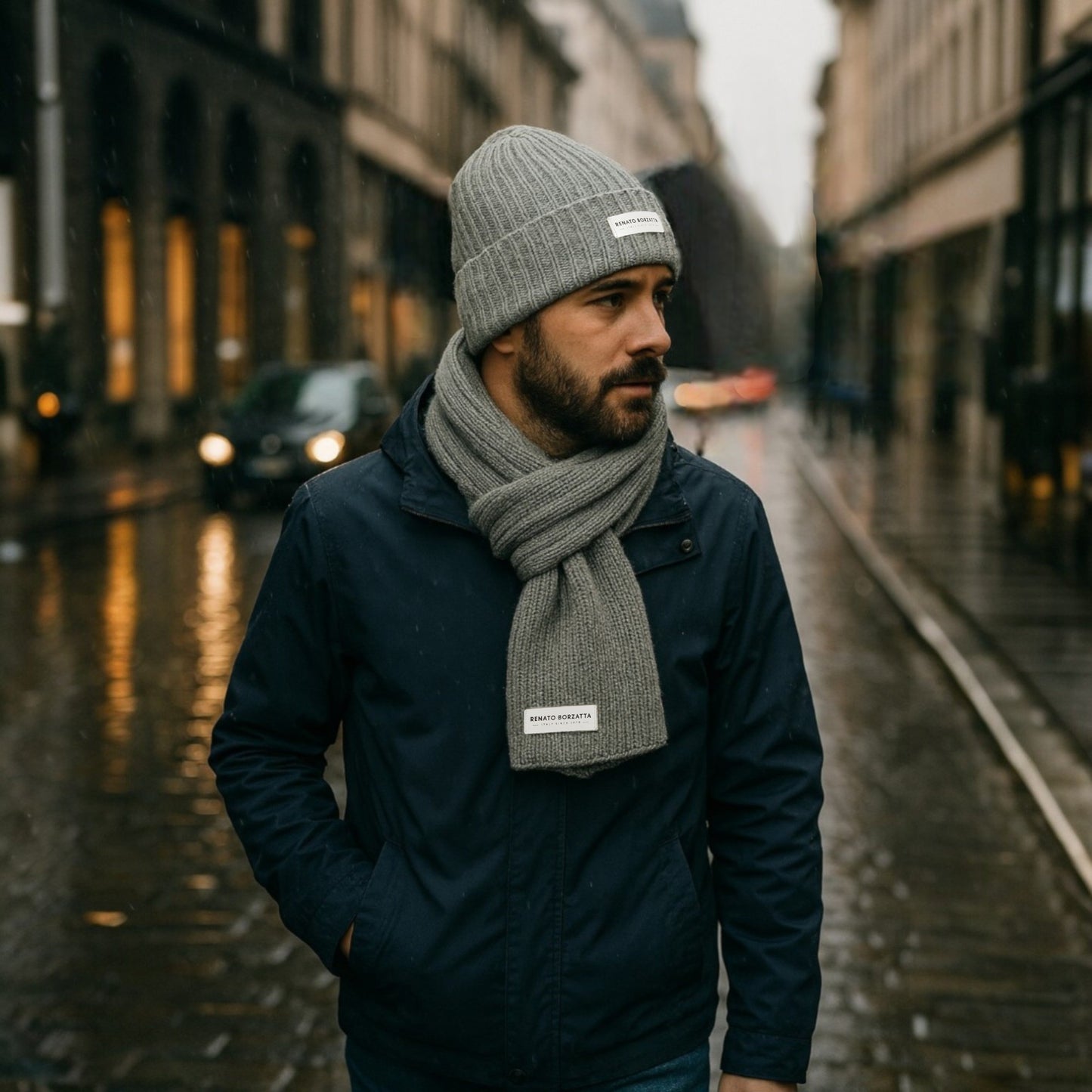 RB5004F | CERVINO Wool Blend Knit Scarf and Hat Set Made in Italy. Melange Grey - One Size