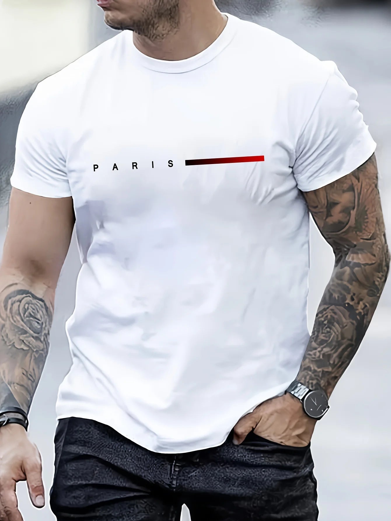 Men's 100% cotton summer loose PARIS Creative Letter print casual slim