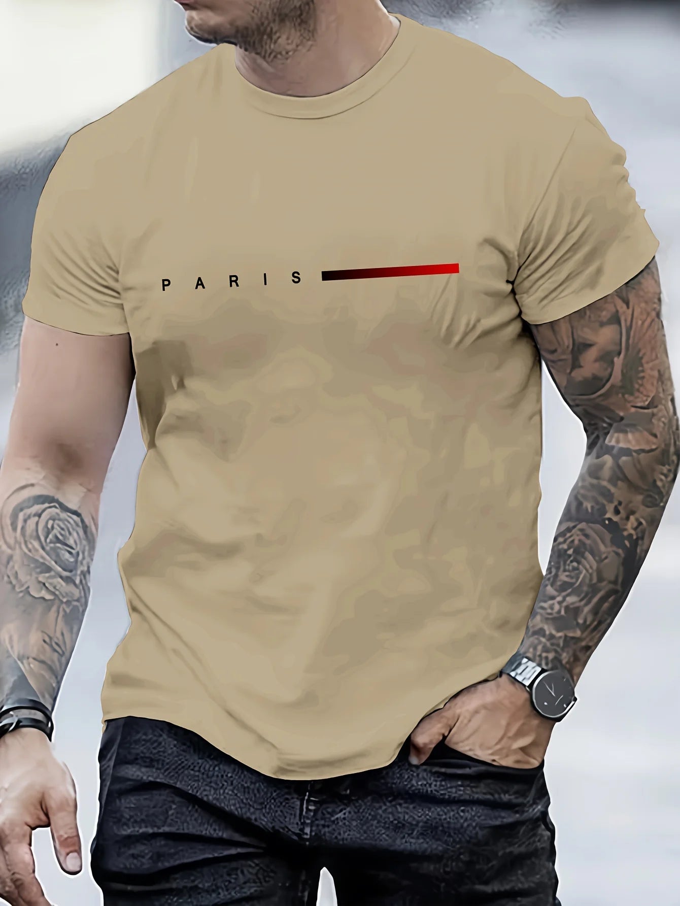 Men's 100% cotton summer loose PARIS Creative Letter print casual slim