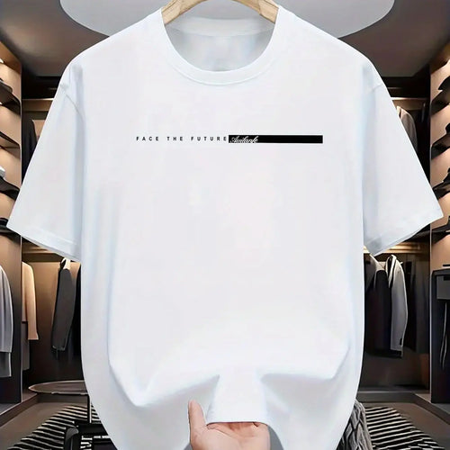 Summer men's 100% cotton casual loose fit large letter print round