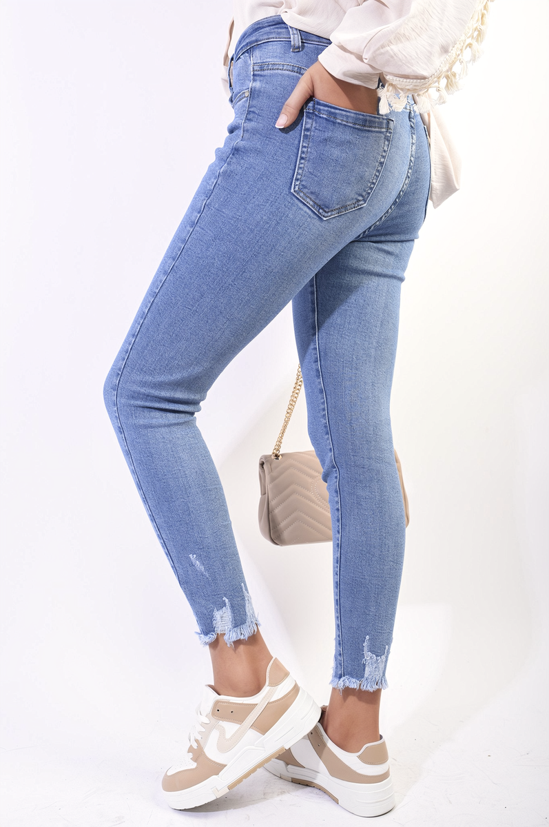High Waist Distressed Hem Skinny Jeans
