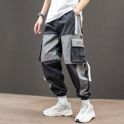 Men Hip Hop Black Cargo Pants joggers Sweatpants Multi-pocket Ribbons men's sports pants streetwear casual men's casual pants