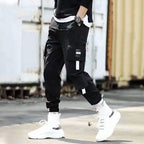 Men Hip Hop Black Cargo Pants joggers Sweatpants Multi-pocket Ribbons men's sports pants streetwear casual men's casual pants