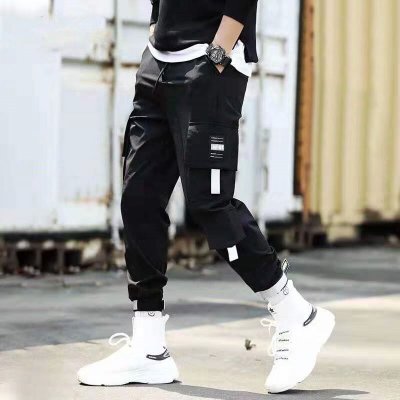 Men Hip Hop Black Cargo Pants joggers Sweatpants Multi-pocket Ribbons men's sports pants streetwear casual men's casual pants