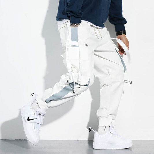 Men Hip Hop Black Cargo Pants joggers Sweatpants Multi-pocket Ribbons men's sports pants streetwear casual men's casual pants