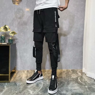 Men Hip Hop Black Cargo Pants joggers Sweatpants Multi-pocket Ribbons men's sports pants streetwear casual men's casual pants