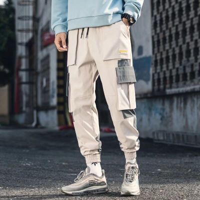 Men Hip Hop Black Cargo Pants joggers Sweatpants Multi-pocket Ribbons men's sports pants streetwear casual men's casual pants