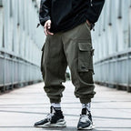 Men Hip Hop Black Cargo Pants joggers Sweatpants Multi-pocket Ribbons men's sports pants streetwear casual men's casual pants