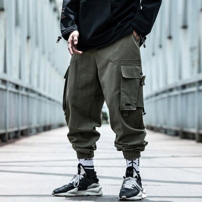 Men Hip Hop Black Cargo Pants joggers Sweatpants Multi-pocket Ribbons men's sports pants streetwear casual men's casual pants