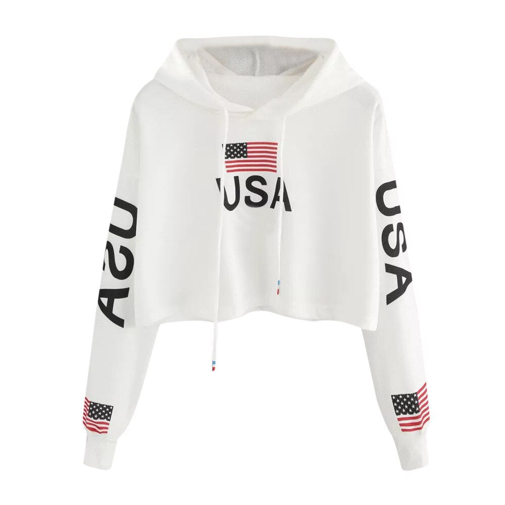 Women harajuku hoodies Autumn Casual Drop Shoulder American Flag Print Hoodie Sweatshirt Crop Top sweatshirt sudadera mujer