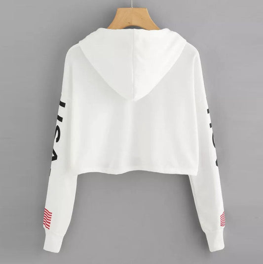 Women harajuku hoodies Autumn Casual Drop Shoulder American Flag Print Hoodie Sweatshirt Crop Top sweatshirt sudadera mujer