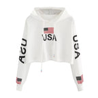 Women harajuku hoodies Autumn Casual Drop Shoulder American Flag Print Hoodie Sweatshirt Crop Top sweatshirt sudadera mujer