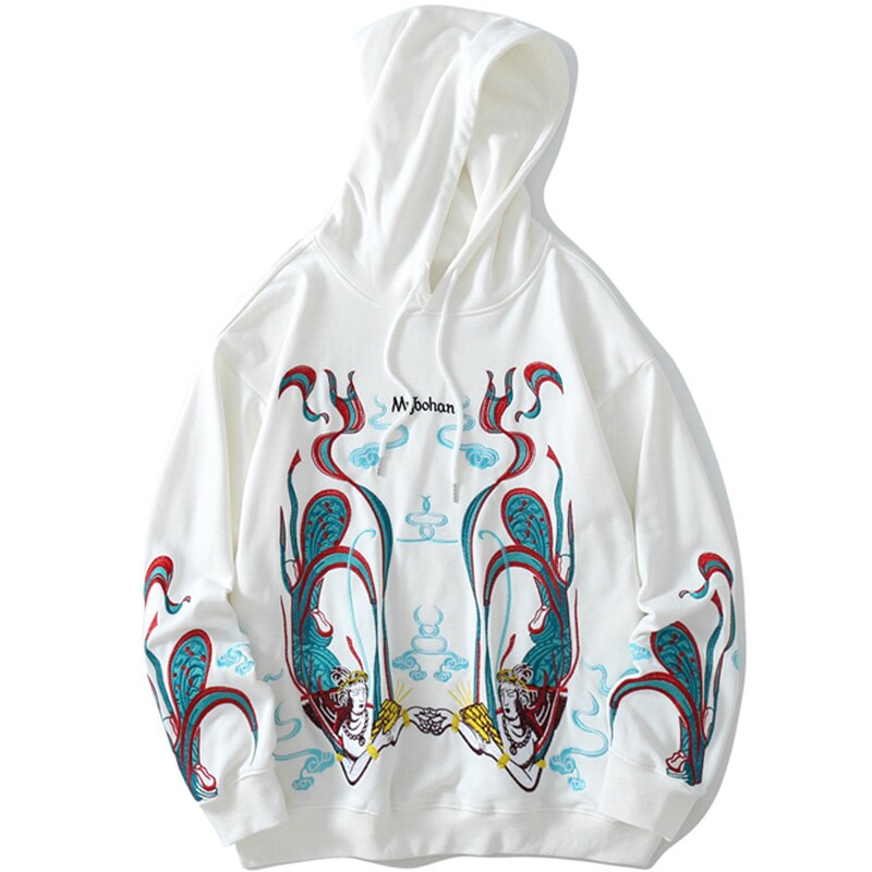 Hoodie Men Chinese Vintage Dunhuang Embroidery Sweatshirt Folk-custom Hipster Casual Cozy Hooded Tops Couple Streetwear