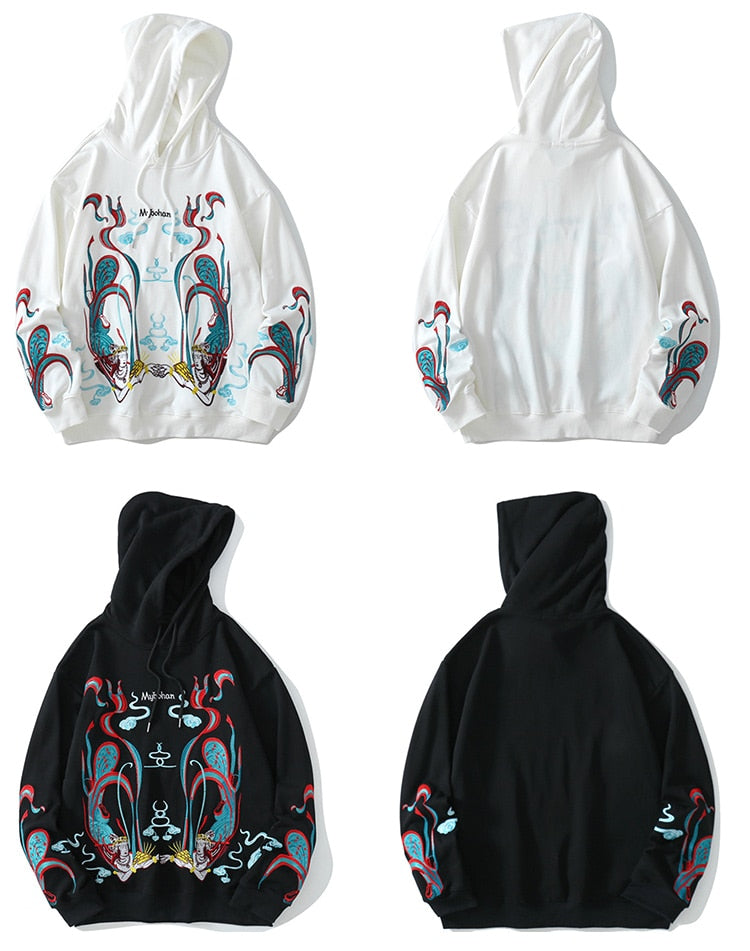 Hoodie Men Chinese Vintage Dunhuang Embroidery Sweatshirt Folk-custom Hipster Casual Cozy Hooded Tops Couple Streetwear
