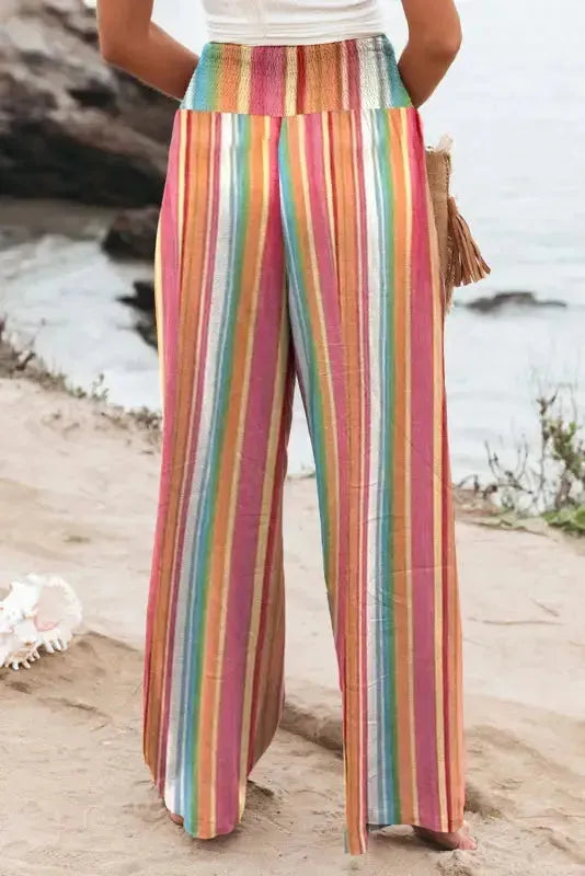 Striped Smocked Waist Wide Leg Pants
